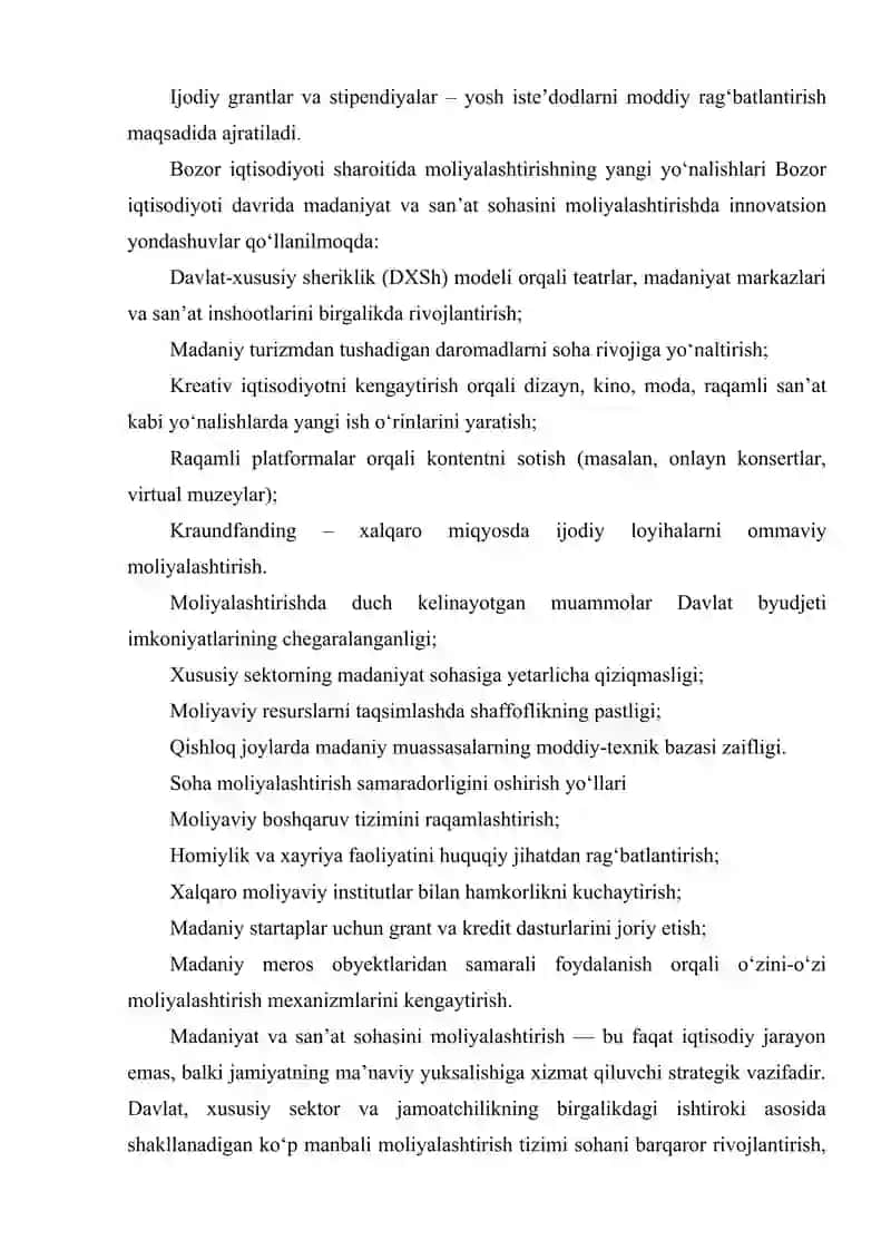 MADANIYAT VA SAN'AT SOHASINI MOLIYALASHTIRISHNING O'ZIGA XOS XUSUSIYATLARI 3