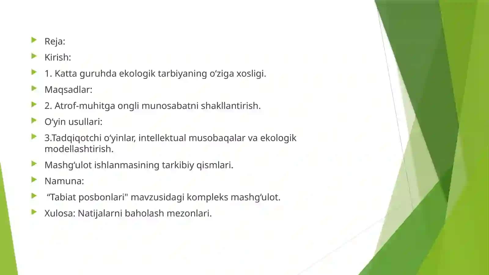 Kattaguruhlarga tabiatga oid o'yinlarni tashkil etishning mashg'ulot islanmalarini tuzish 3