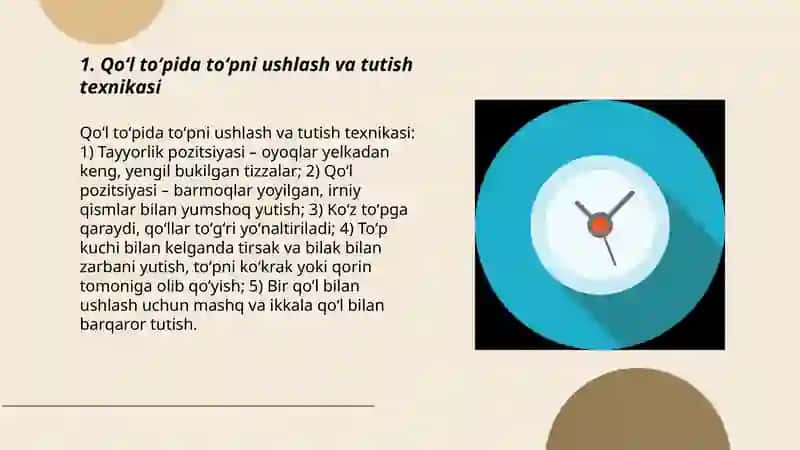 Qoʻl toʻpi oʻyinidan harakatlanish va toʻpni boshqarish texnikasini oʻrgatish 3