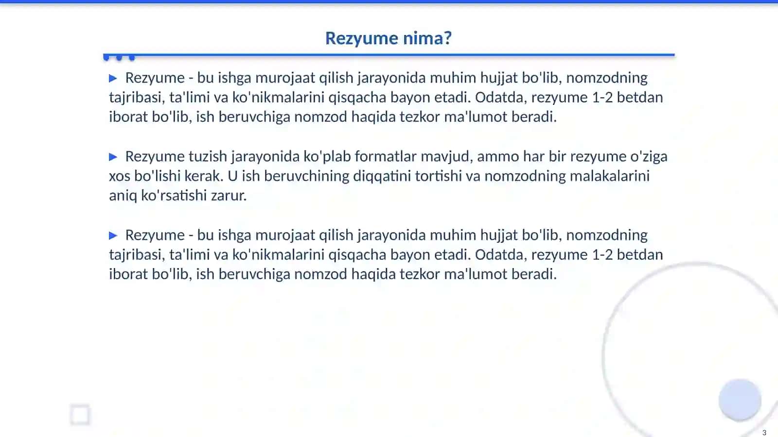 Ta'sirchan rezyume tuzish talablari 3