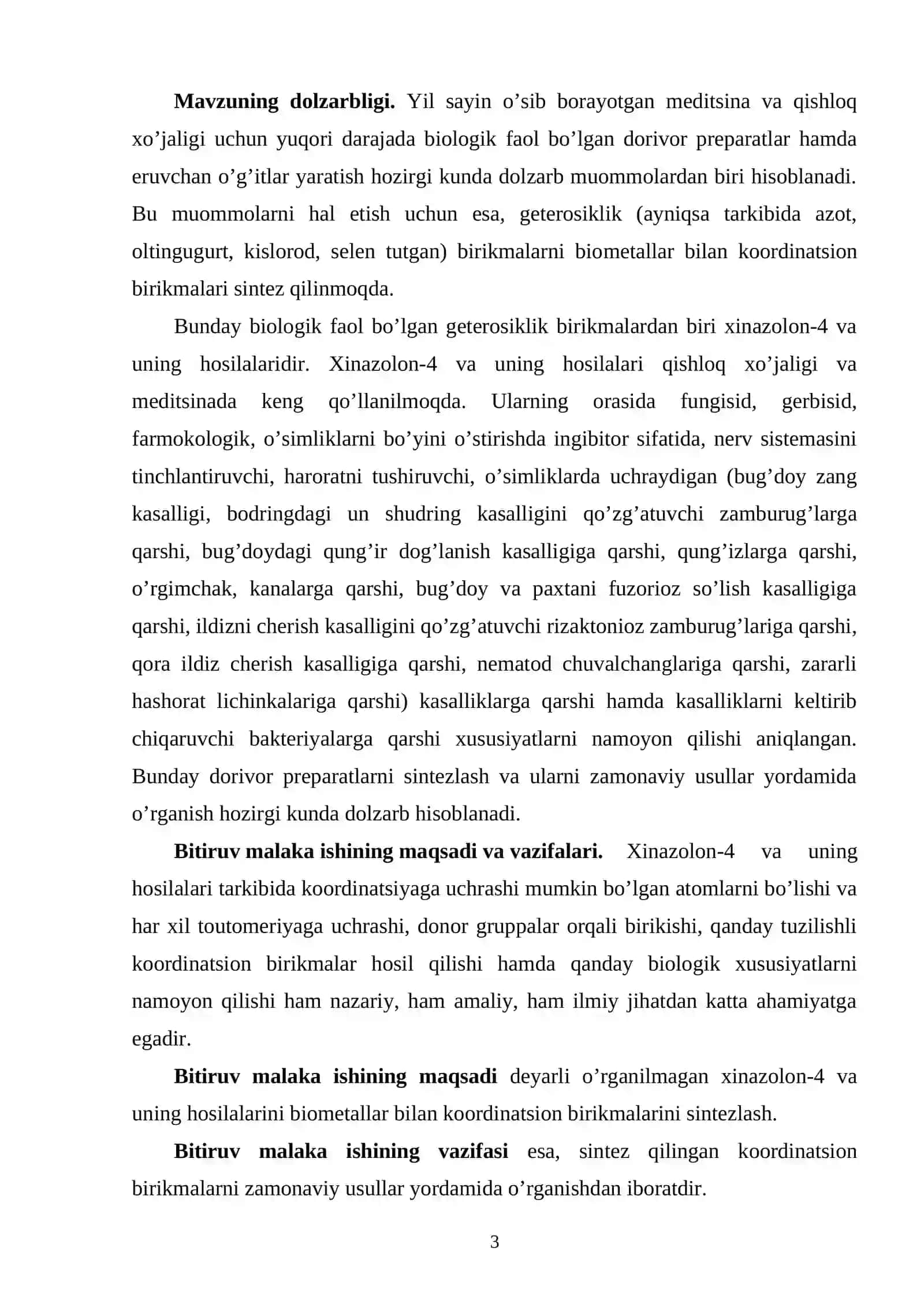 Xinazolon-4 va uning 2-aminohosilasini d-metallar bilan oddiy va aralash ligandli koordinasion birikmalari sintezi 3