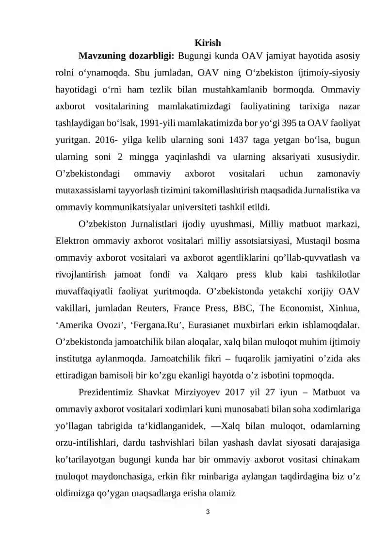 O‘zbekiston Respublikasida Ommaviy Axborot Vositalarining Faoliyati (O‘zgarish va muammolar) Kurs Ishi 3