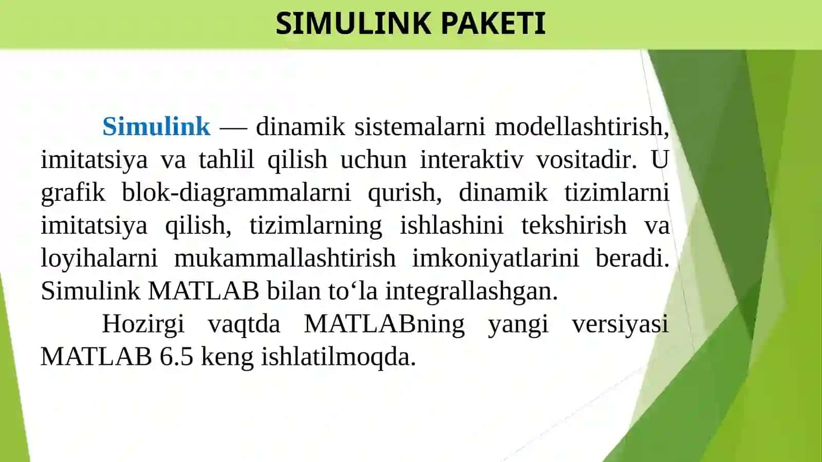 MatLab modullarida dasturlash va ularning funktsiyalari, imitatsion modellash.Simulink paketi yordamida amaliy boshqaruv tizimini loyihalash modelini grafik ko’rinishi 3