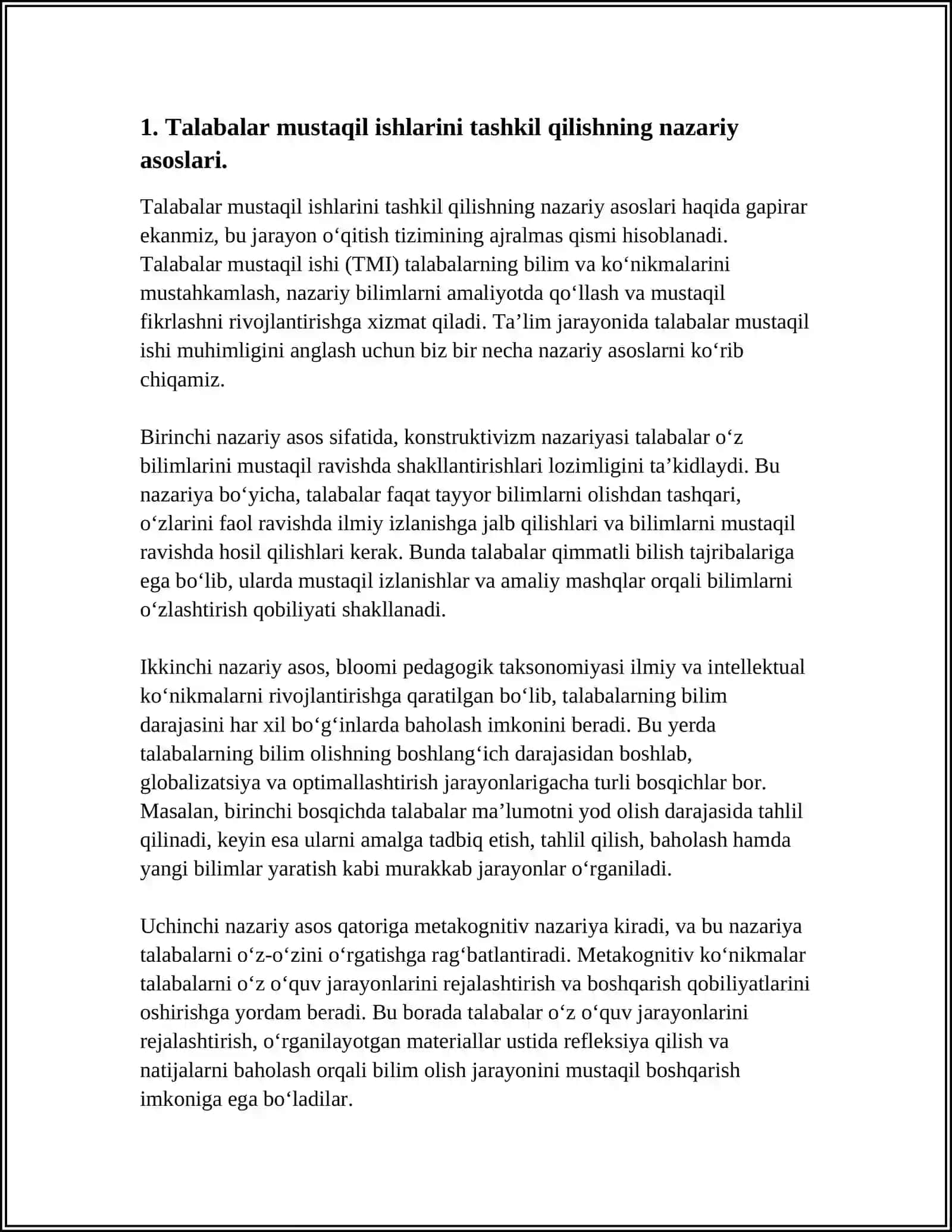 BIOFIZIKA VA TIBBIYOTDA AXBOROT TEXNOLOGIYALARI KAFEDRASIDA O’QITILADIGAN FANLARDAN TALABALAR MUSTAQIL ISHINI TASHKIL QILISH, BAHOLASH TARTIBI TO’G’RISIDA 3
