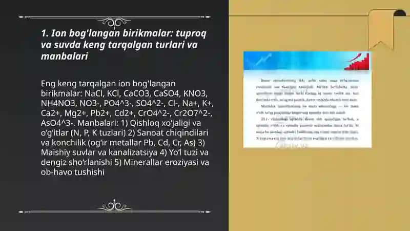 Tuproq va suvning ifloslanishidan ion boglanishli birikmalarni aniqlab ulardan tozalash g'oyasini ishlab chiqish 3