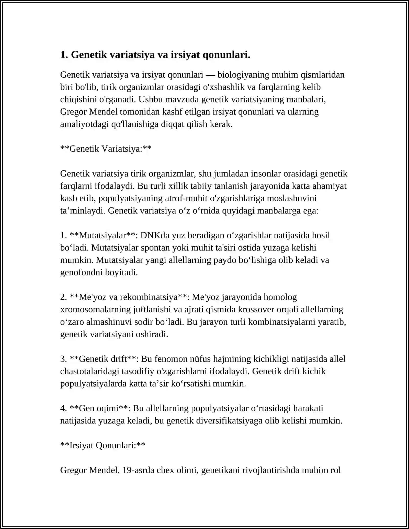 BELGILARNING IRSIYLANISH QONUNLARI. IRSIYAT QONUNLARI. GENETIK INJINERIYANING TIBBIYOTDAGI ROLI. ANTIMUTAGENEZ 3