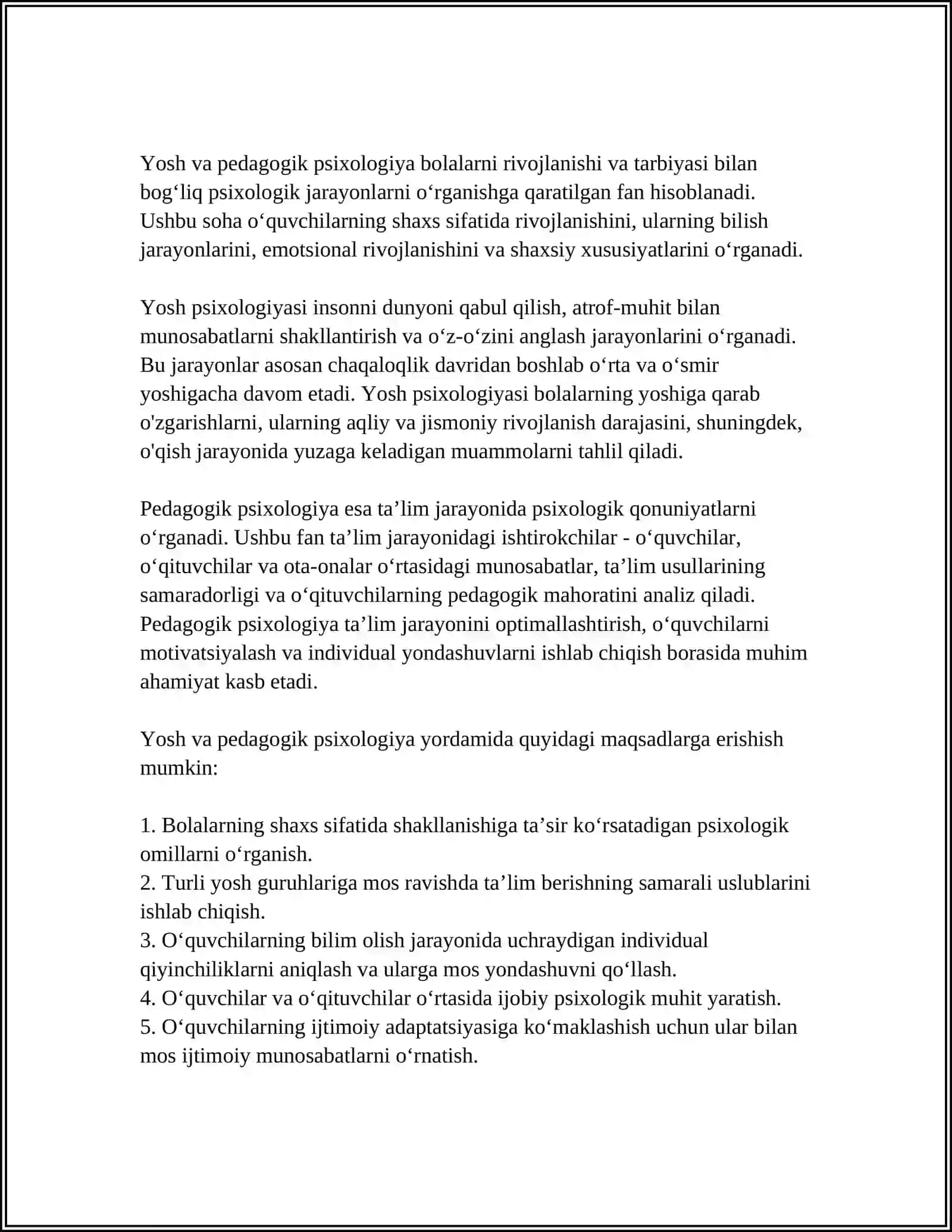 MUSTAQIL ISH Mavzu: YOSH VA PEDAGOGIK PSIXOLOGIYA FANINING VAZIFALARI 3
