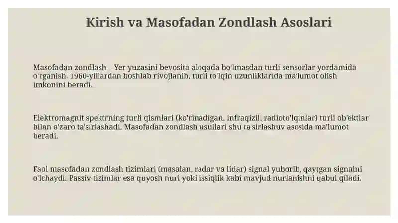 Masofadan zondlash yordamida Yer yuzasi relyefini ularning o'lchamlarini va tiplarini aniqlash 3