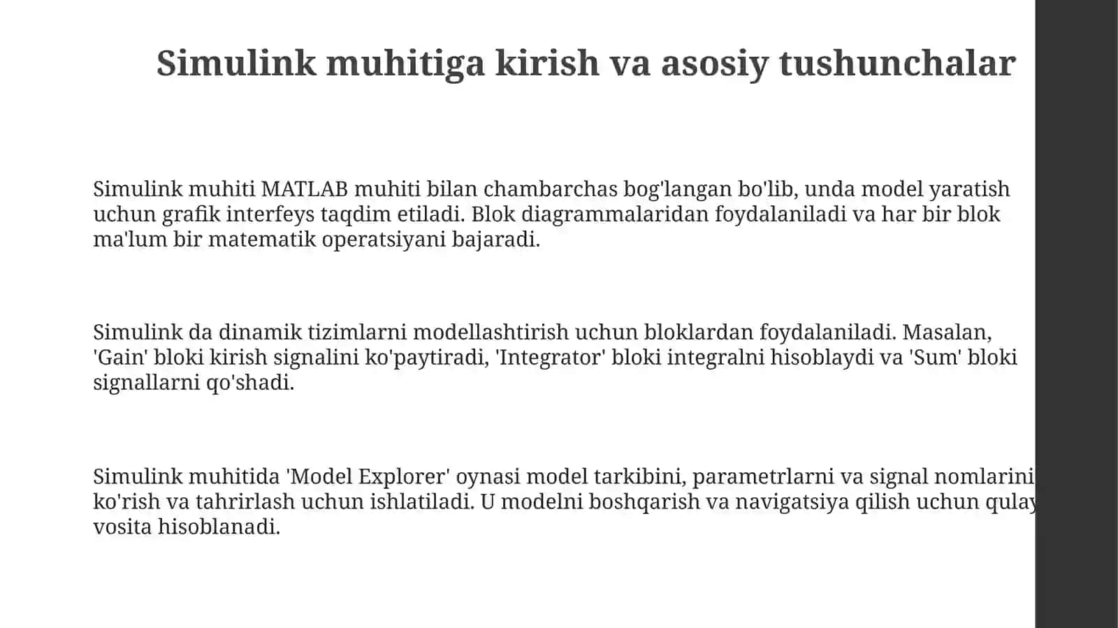 Dinamik sistemalarni simulikn paketi yordamida madellashtirish 3
