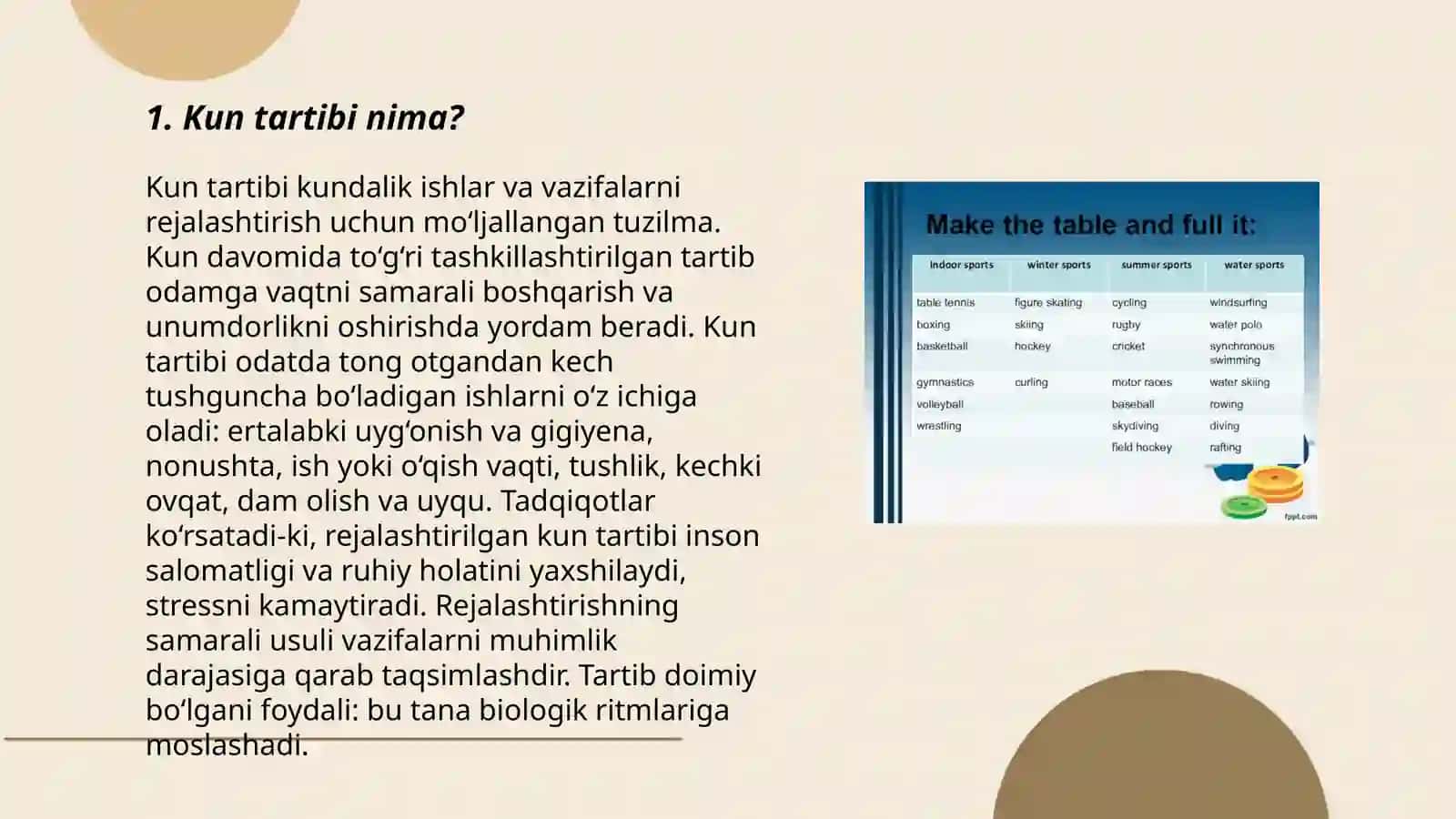 Kun tartibi va uning ahamiyati.Ko'rish va eshitish organlaring xususiyati va gigeynasi 3
