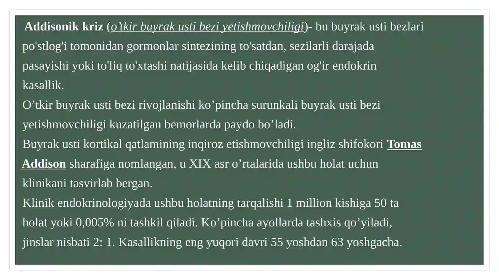 ADDISONIK KRIZ (O’TKIR BUYRAK USTI BEZI YETISHMOVCHILIGI) 3