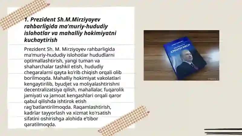 Yangi O'zbekistonda prezident Sh. M. Mirziyoyev rahbarligi va tashabbusi ostida amalga oshirilayotgan islohotlar 3