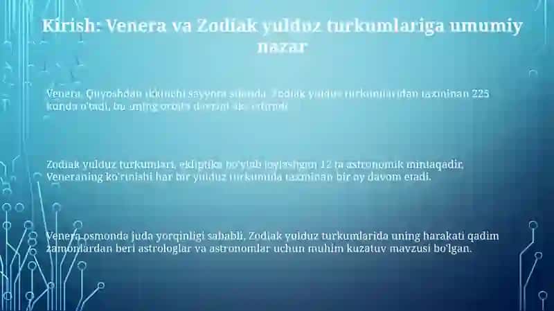 Venera sayyorasi yordamida Zodiak yulduz turkumlarini oʻrganish 3