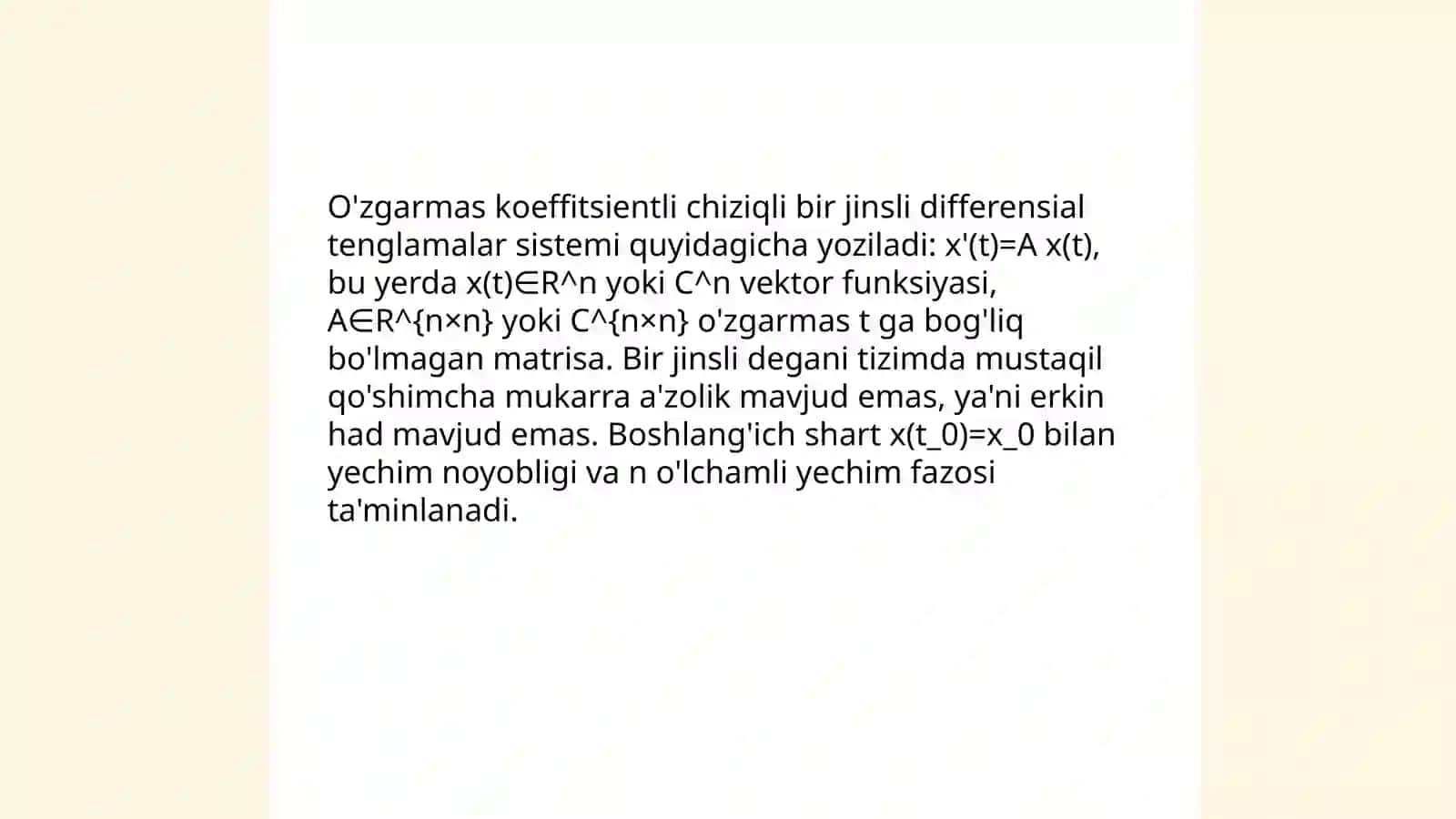 O'zgarmas koeffisentli chiziali bir jinslimas differensial tenglamalar sistemasi 3