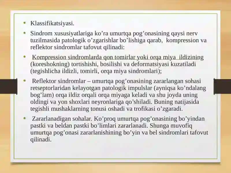 MAVZU: BOʻYIN-KOʻKRAK OSTEOXONDROZIDA, BEL-DUMGʻAZA OSTEOXONDROZIDA DJT. RADIKULIT, UMURTQA POGʻONASI CHURRASIDA DJT USULINI QOʻLLASH XUSUSIYATLARI 3