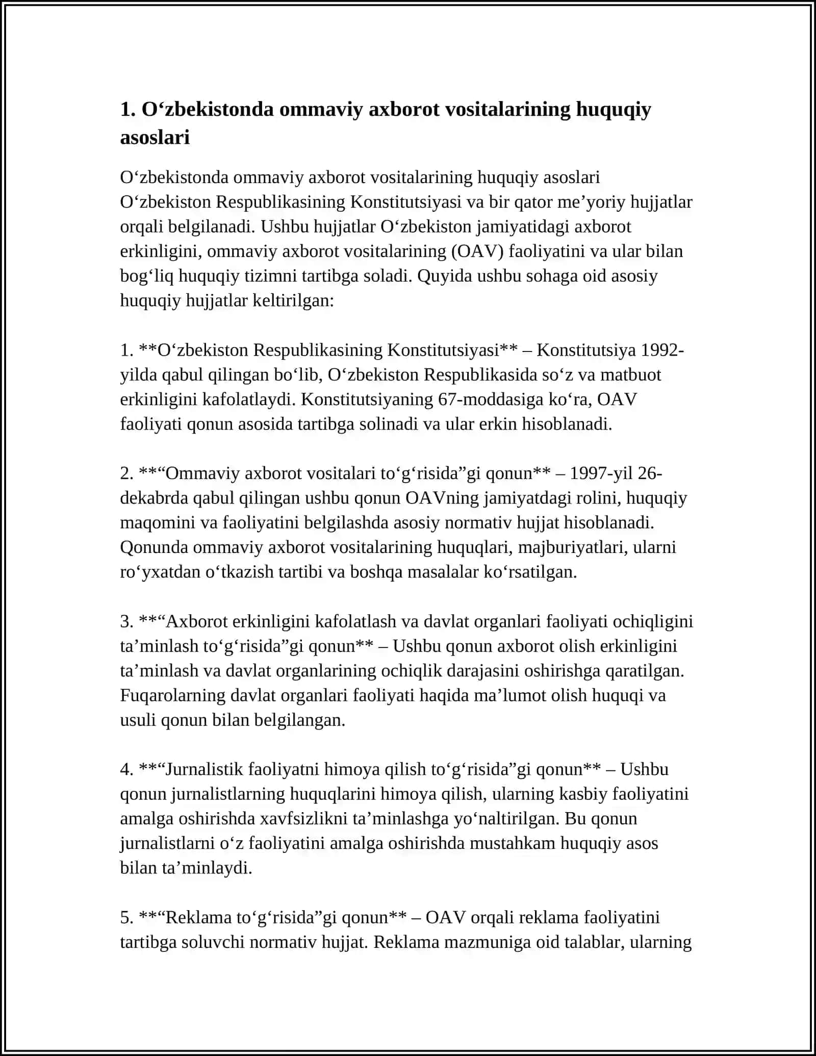 Oʻzbekistonda ommaviy axborot vositalarining huquqiy asoslari 3
