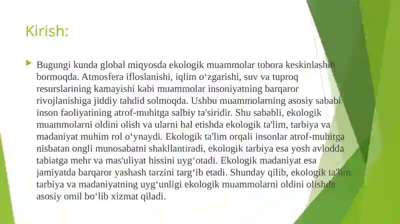 Ekologik ta’lim, tarbiya va madaniyatning ekologik muammolarni oldini olishdagi o’rni va roli 3