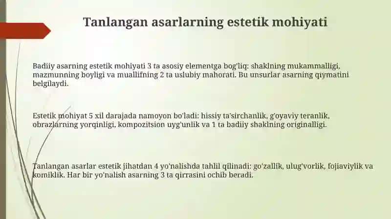 Tanlagan badiiy asarlar ni estetik g'oyaviy jihatdan tahlil qilish 3