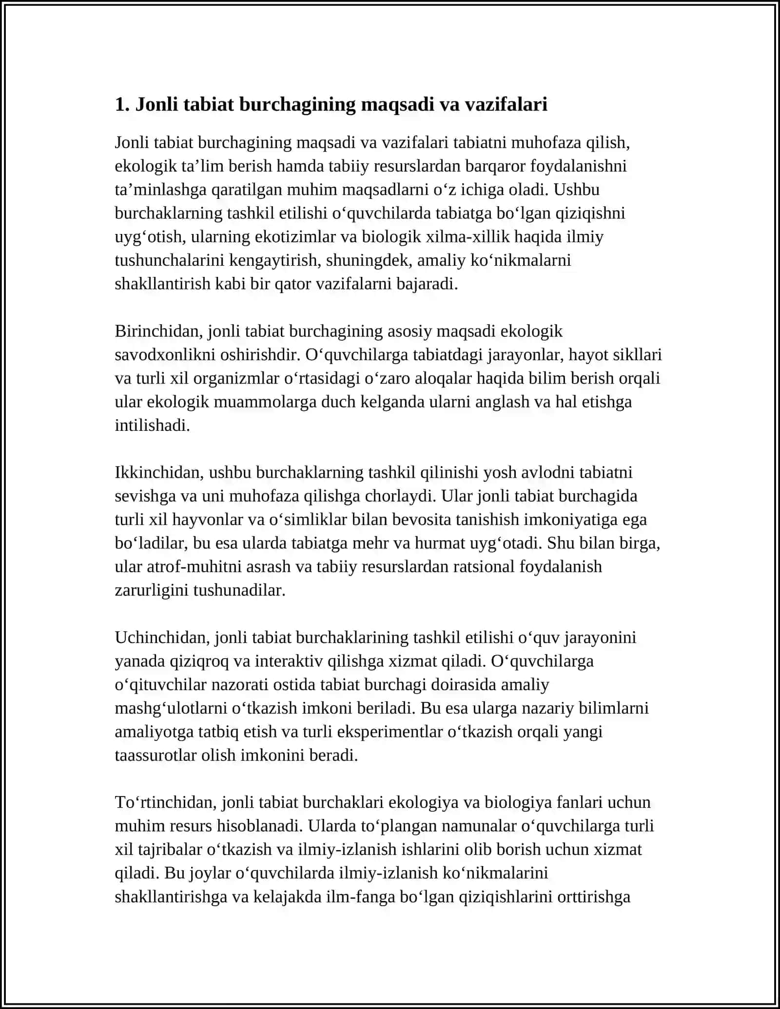 JONLI TABIAT BURCHAGI, OʻQUV TAJRIBA UCHASTKASI VA ULARNI TASHKIL ETISH 3