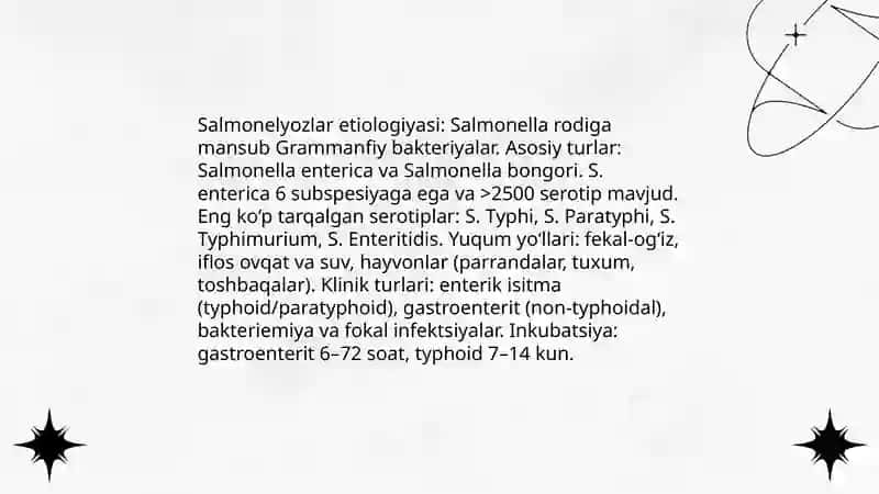 Salmonelyozlar epidemialogiyasi va profilaktikasi. Salmonella kasalliklari ustidan epidemialogik nazoratni tashlikkashtirish 3