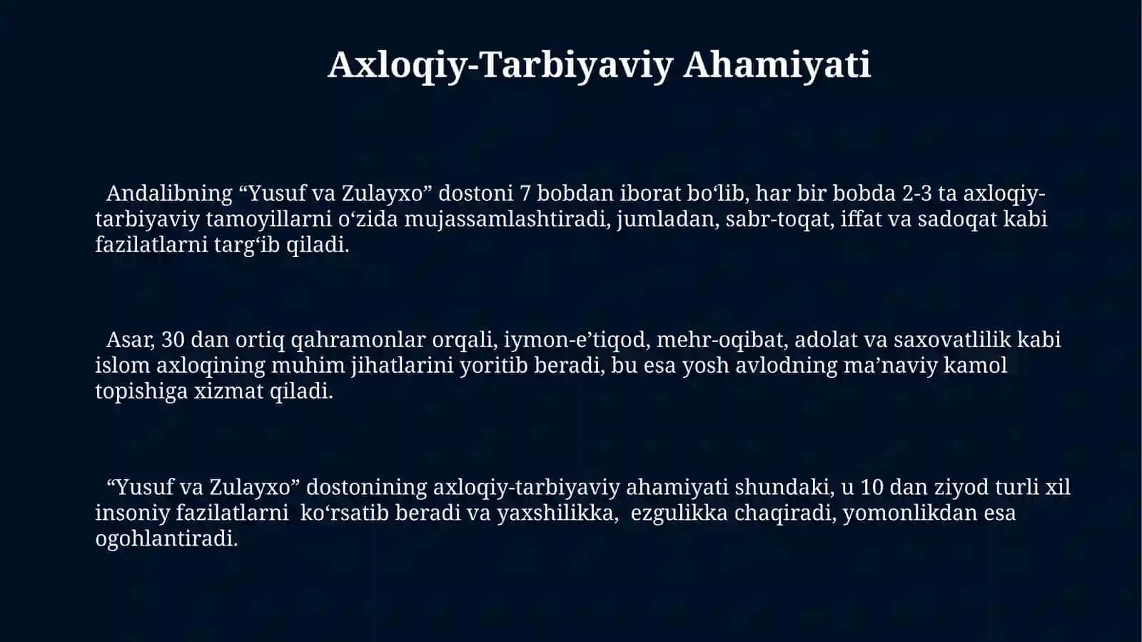 Andalibning "Yusuf va Zulayho" dostoni 3