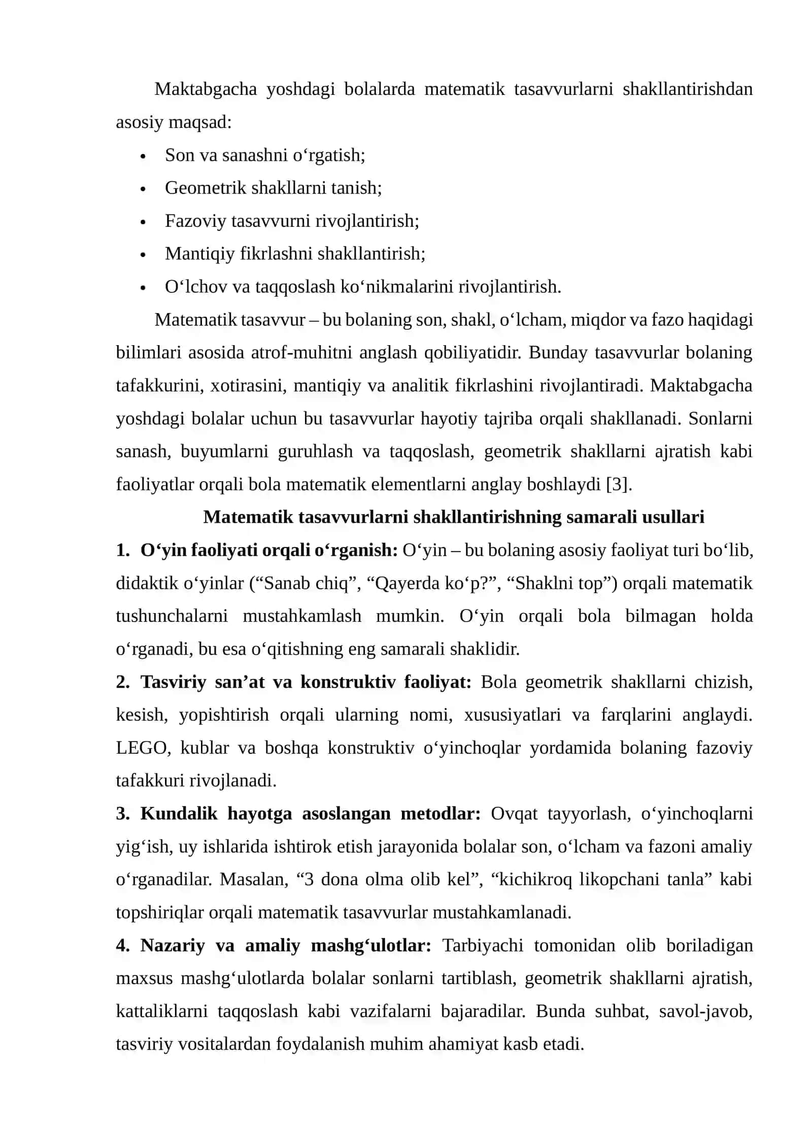 MAKTABGACHA TA’LIM YOSHIDAGI BOLALARDA MATEMATIK TASAVVURLARNI SHAKLLANTIRISH USULLARI VA TEXNOLOGIYALARI 3