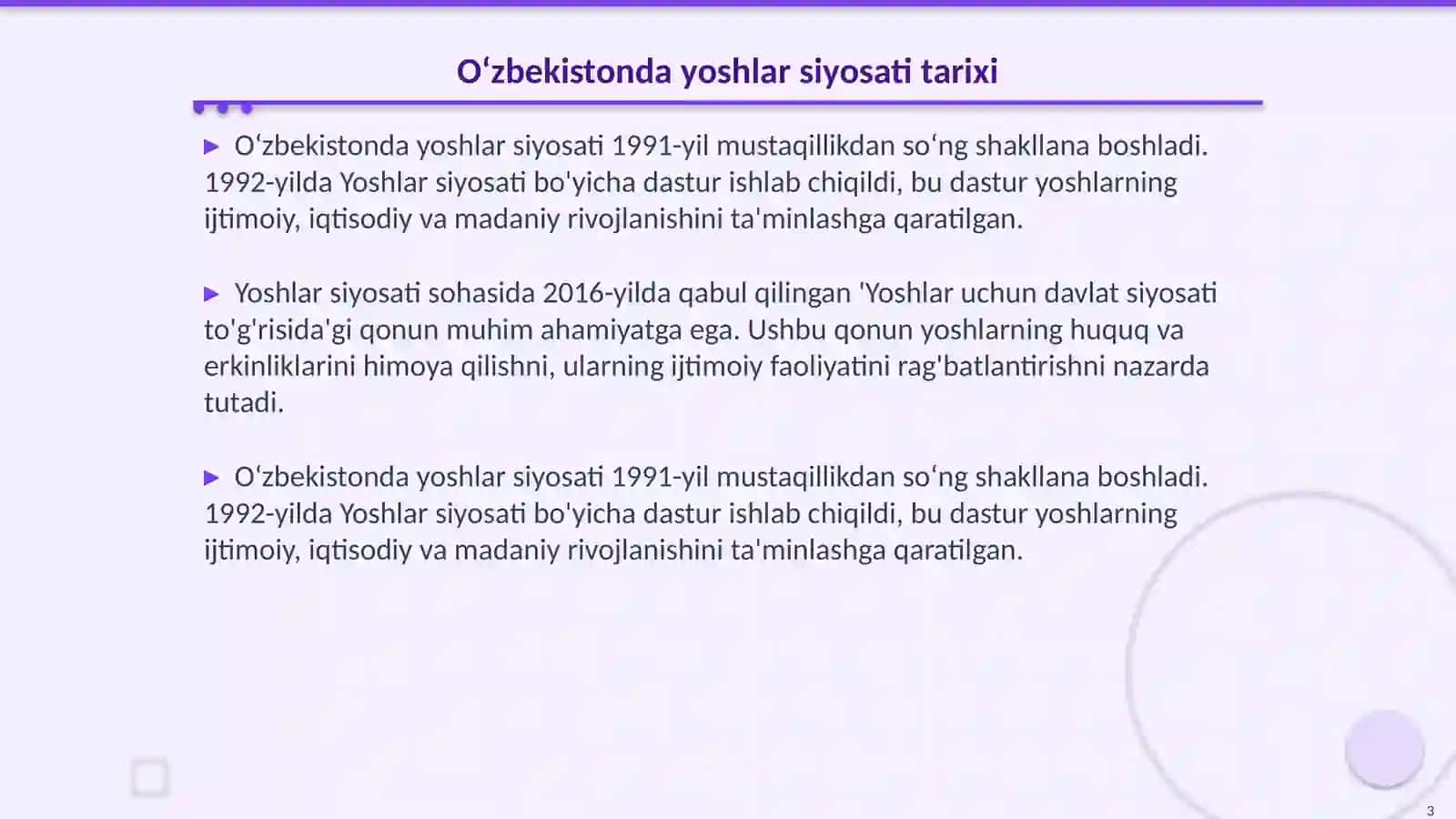 Oʻzbekistonda yoshlar siyosati va uning ahamiyati.Barkamol avlodni tarbiyalashning asosiy yoʻnalishlari 3
