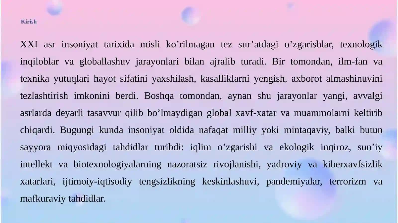 XXI asrda insoniyat oldidagi yangi global xavf va muammolar 3