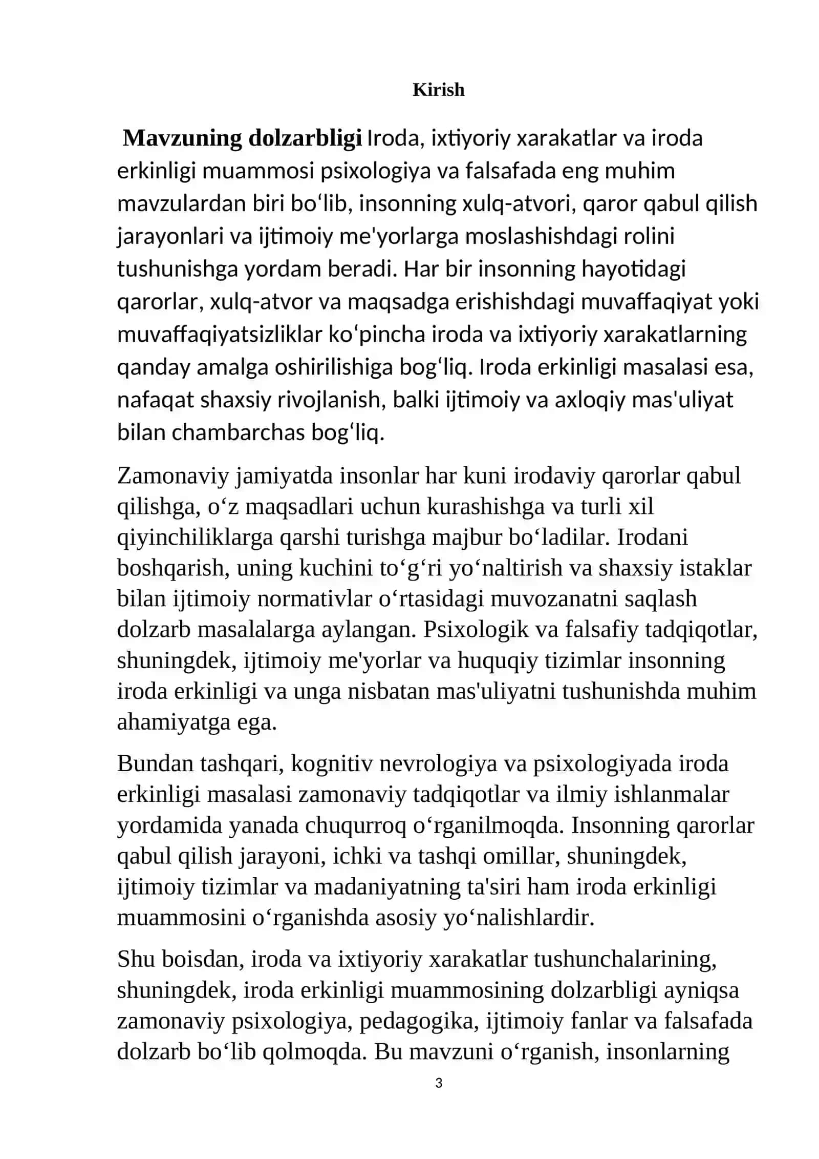 "Irodani aniqlash ixtiyoriy xarakatlar mezonlari va iroda erkinlgi muammosi" 3