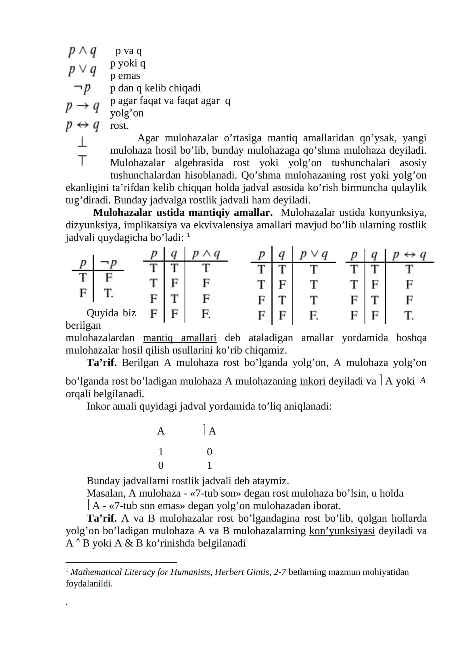 Mulohazalar va ular ustida amallar. Predikatlar, kvantorlar 3