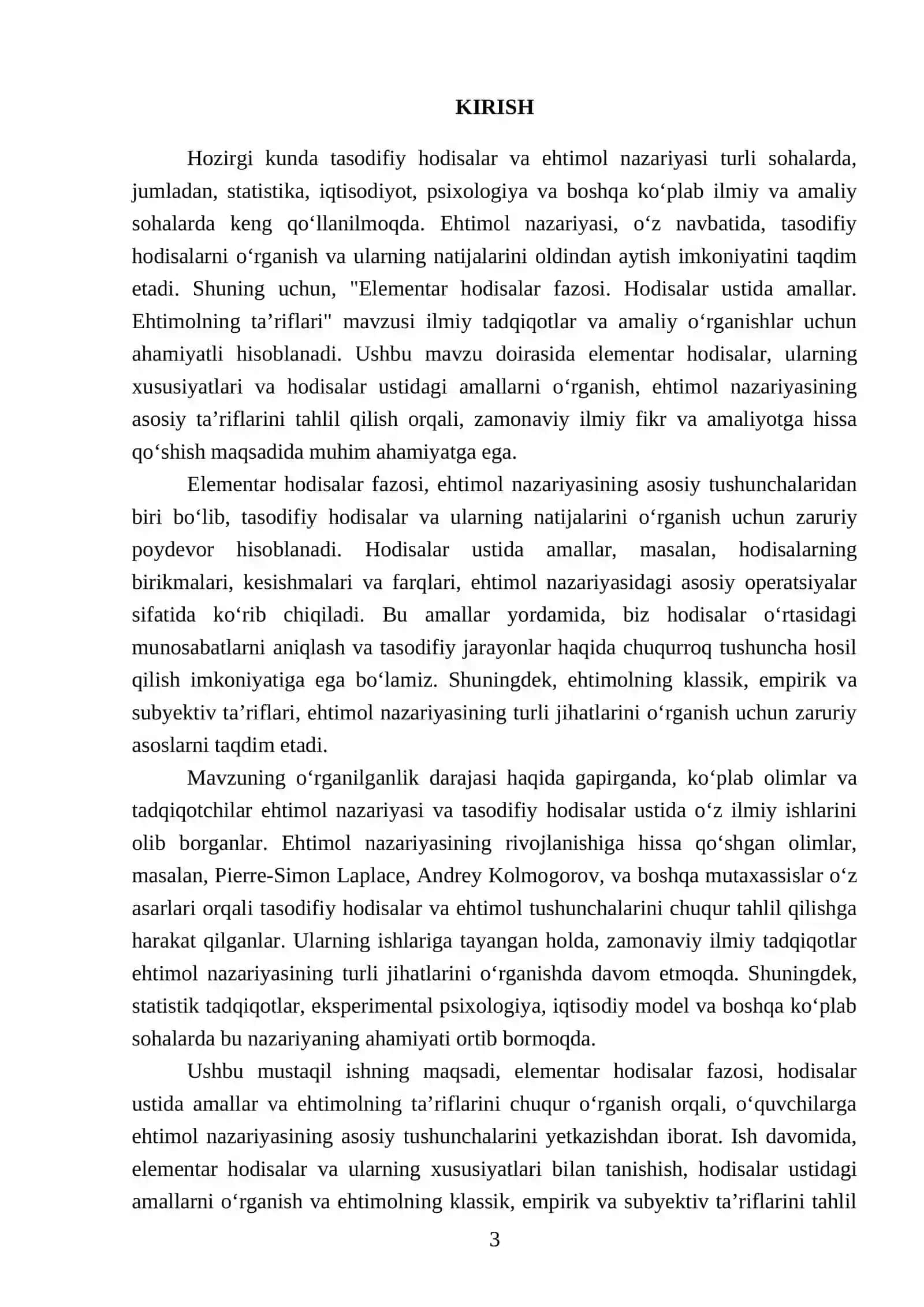 Elementar hodisalar fazosi. Hodisalar ustida amallar. Ehtimolning ta’riflari 3