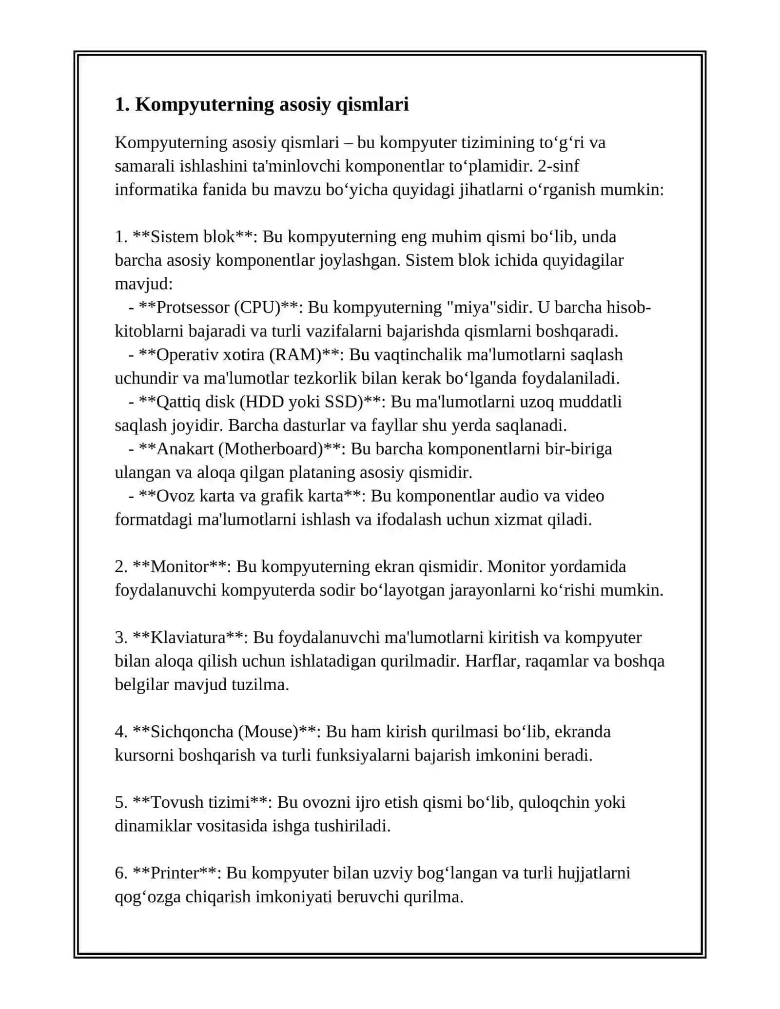2-SINF INFORMATIKA FANIDAN TEST SAVOLLARI VA JAVOBLARI 3-CHORAK 3