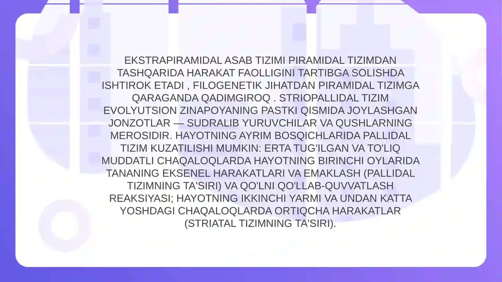 Harakat koordinatsiyasi va ekstra piramidal tizim. Striar va pallidar sistema. Zararlanish sindrom lari. Giperkinetik va gipokinetik va porkinsonizim. Miyacha. Harakat koordinatsiyasini tekshirish usullari. Ataksiya turlari 3