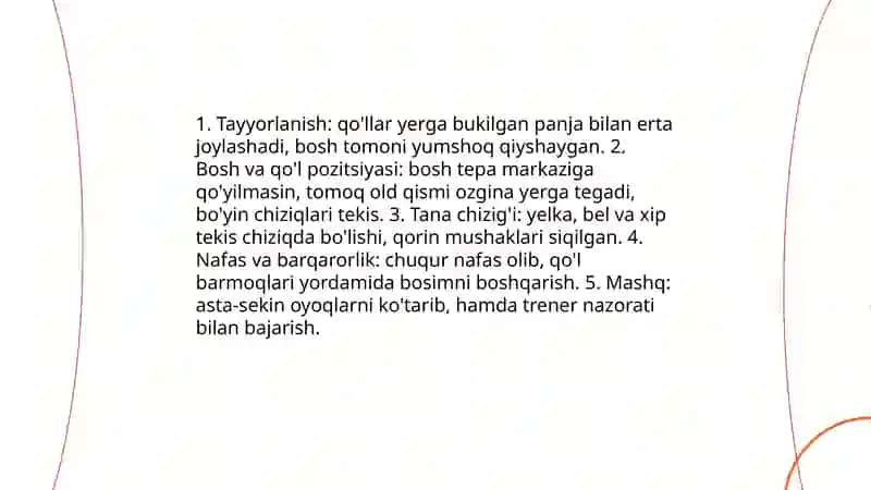 Qo'llarda tayangan holda boshda tik turishning texnikasi 3