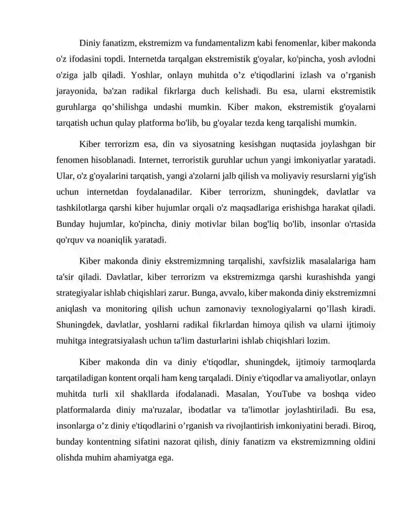 Kiber makonda din. Diniy fanatizm, ekstremizm, fundamentalizm,terrorizmning tarixi va ularning hozirgi davrda xavfsizlikga tahdidi 3