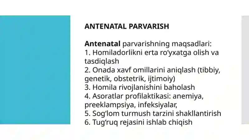 Perinatal yordam asoslari Antenatal parvarish. Homiladorlarni tekshirish usullari Homiladorlikning e 3