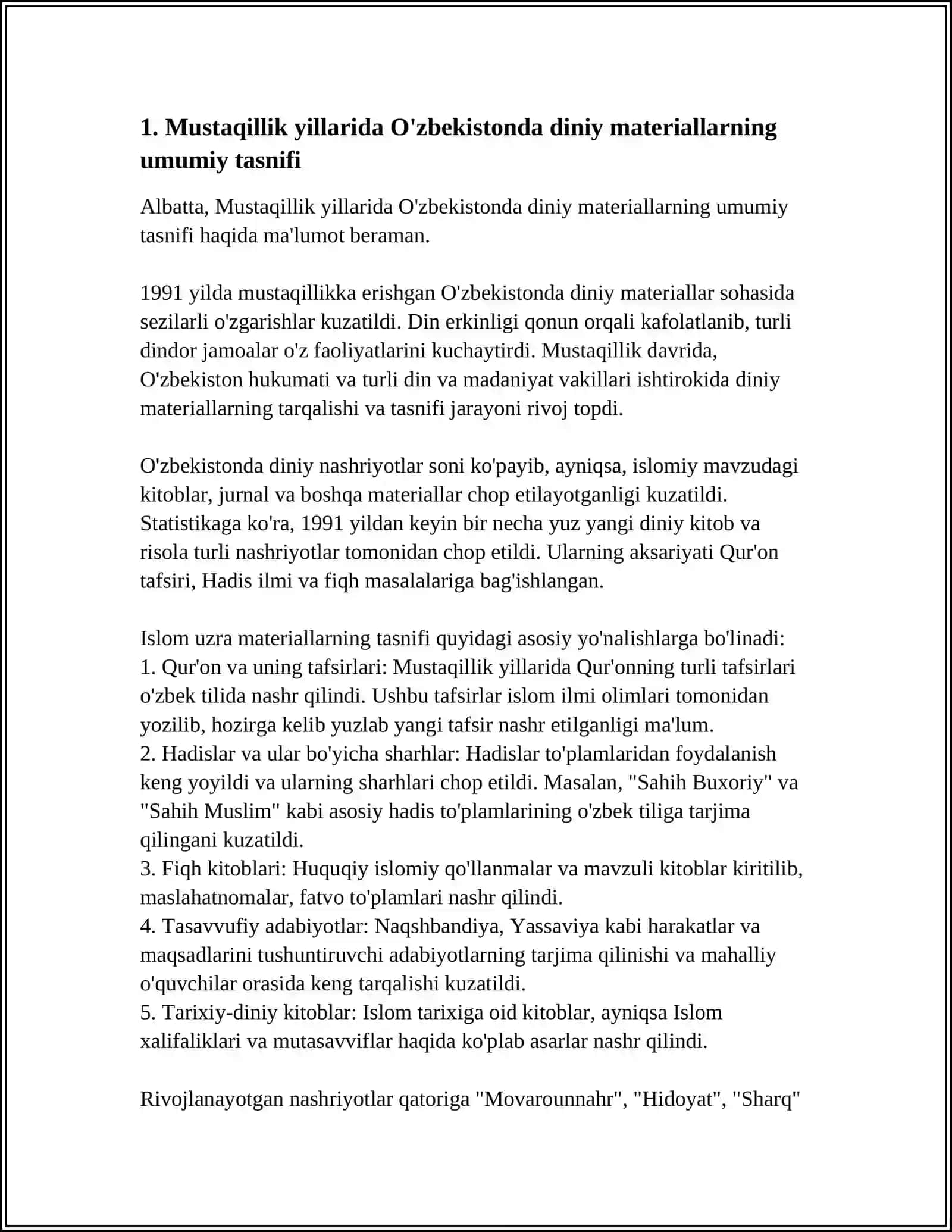 MUSTAQILLIK YILLARIDA DINIY MATERIALLARNING TASNIFLANISHI 3