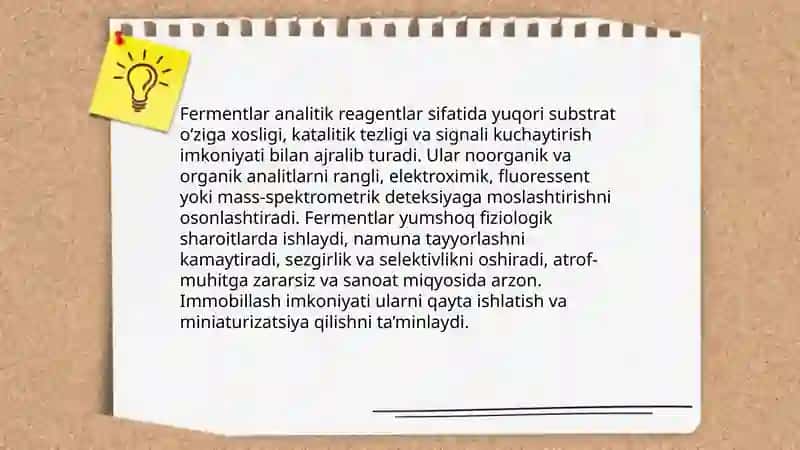Fermentlar analitik reagentlar sifatida. Immobillangan fermentlar, olinishi va qo’llanilishi 3
