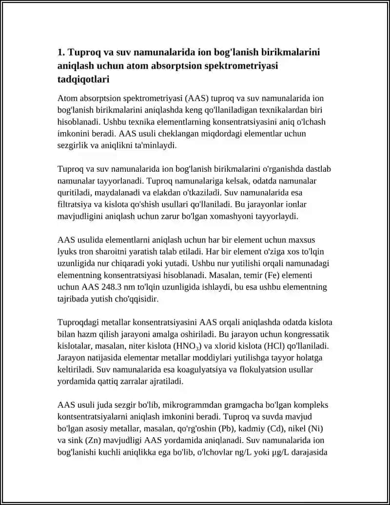 TUPROQ VA SUVNING ION BOGLANISH BIRIKMALARNI ANIQLASH ULARDA TOZALASH USULARNI ISHLAB CHIQARISH 3