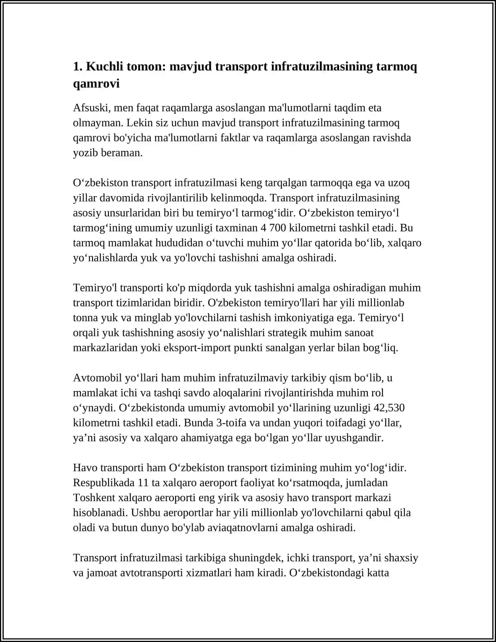 TRANSPORT VA PIYODALAR OQIMLARINI SWOT TAHLILINI QILIB BERNG 3