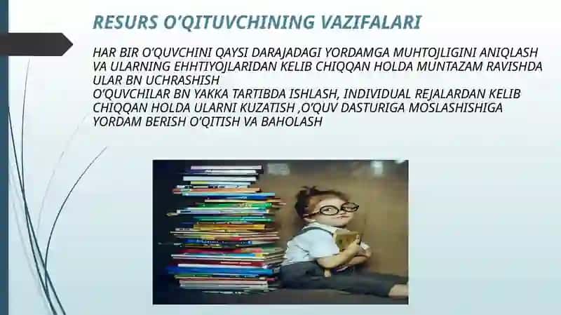 INKLYUZIV TA’LIM TIZIMIDA FAOLIYAT KO’RSATUVCHI RESURS O’QITUVCHI VA IJTIMOIY PEDAGOGNING VAZIFALARI VA MAQSADLARI 3