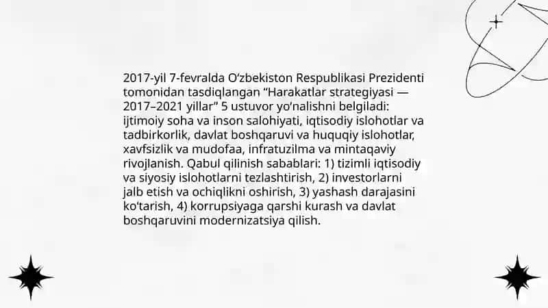 2017-2021-yillarda Oʻzbekiston rivojlantirishning beshta ustuvor yoʻnalishi "Harakat strategiyasi"ming qabul qilinishi 3