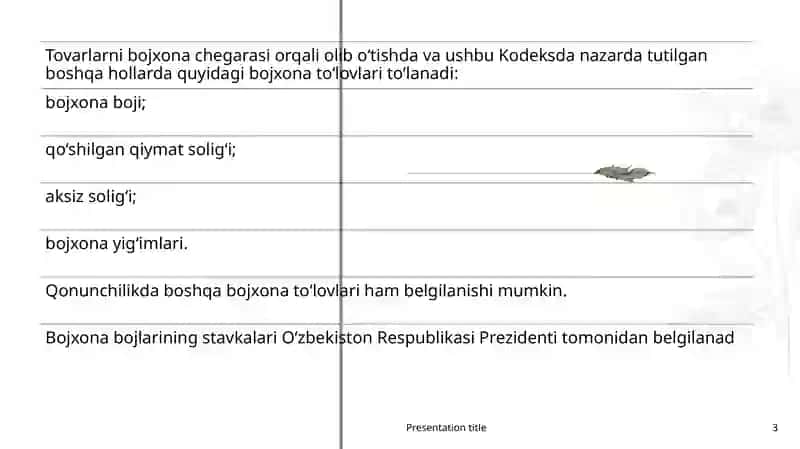 BOJXONA TO’LOVLARI VA ULARNI UNDIRISHNI TASHKIL ETISHNINGUMUMIY ASOSLARI 3
