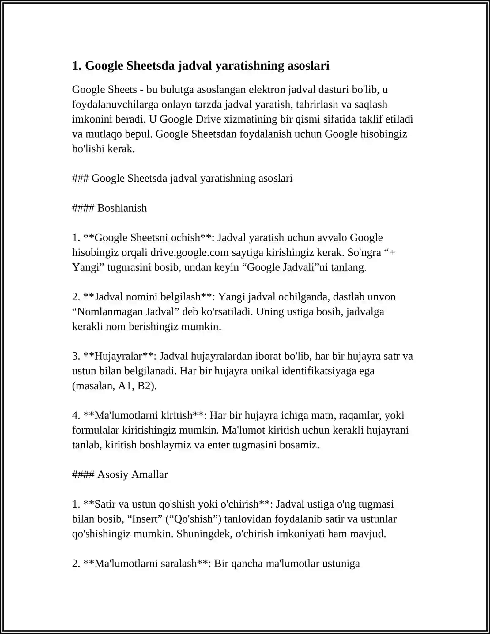 GOOGLE SHEETSDA JADVALLAR YARATISH 3