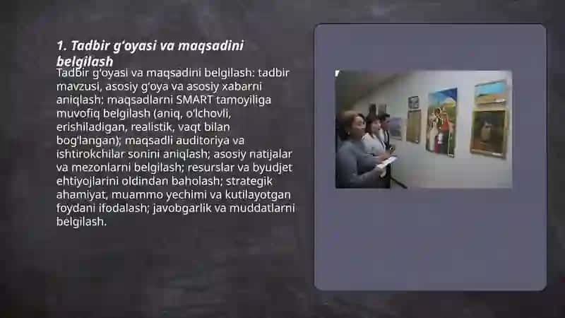 Koʻrgazma, festival, forum, seminar, ilmiy, anjuman, davra suhbati, tanlov tadbirlarini tashkil etish 3