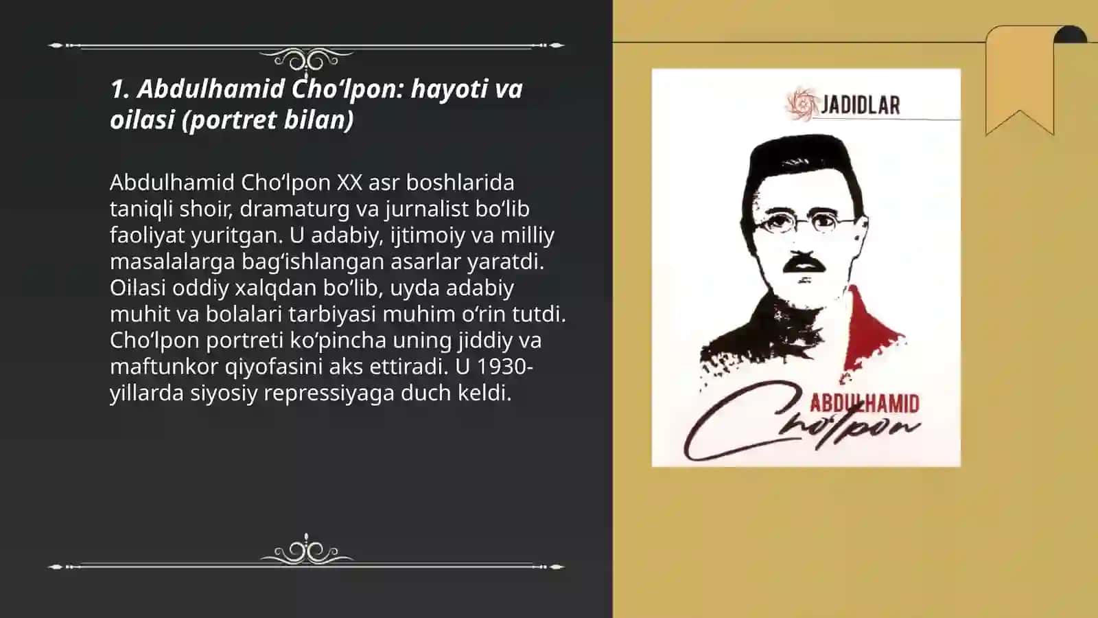 Abdulhamid choʻlpon haqida taqdimot qilib ber rasmlari bilan 3