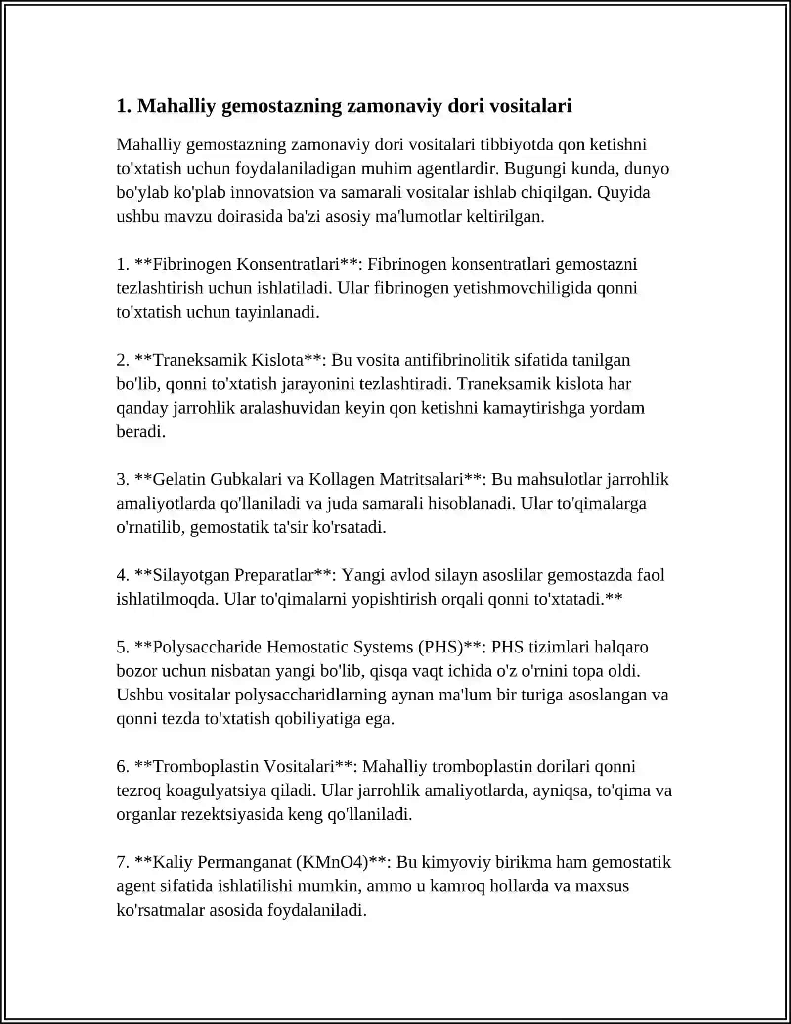 MUSTAQIL ISH Mavzu: MAHALLIY GEMOSTAZ UCHUN ZAMONAVIY DORI VOSITAGLAR 3