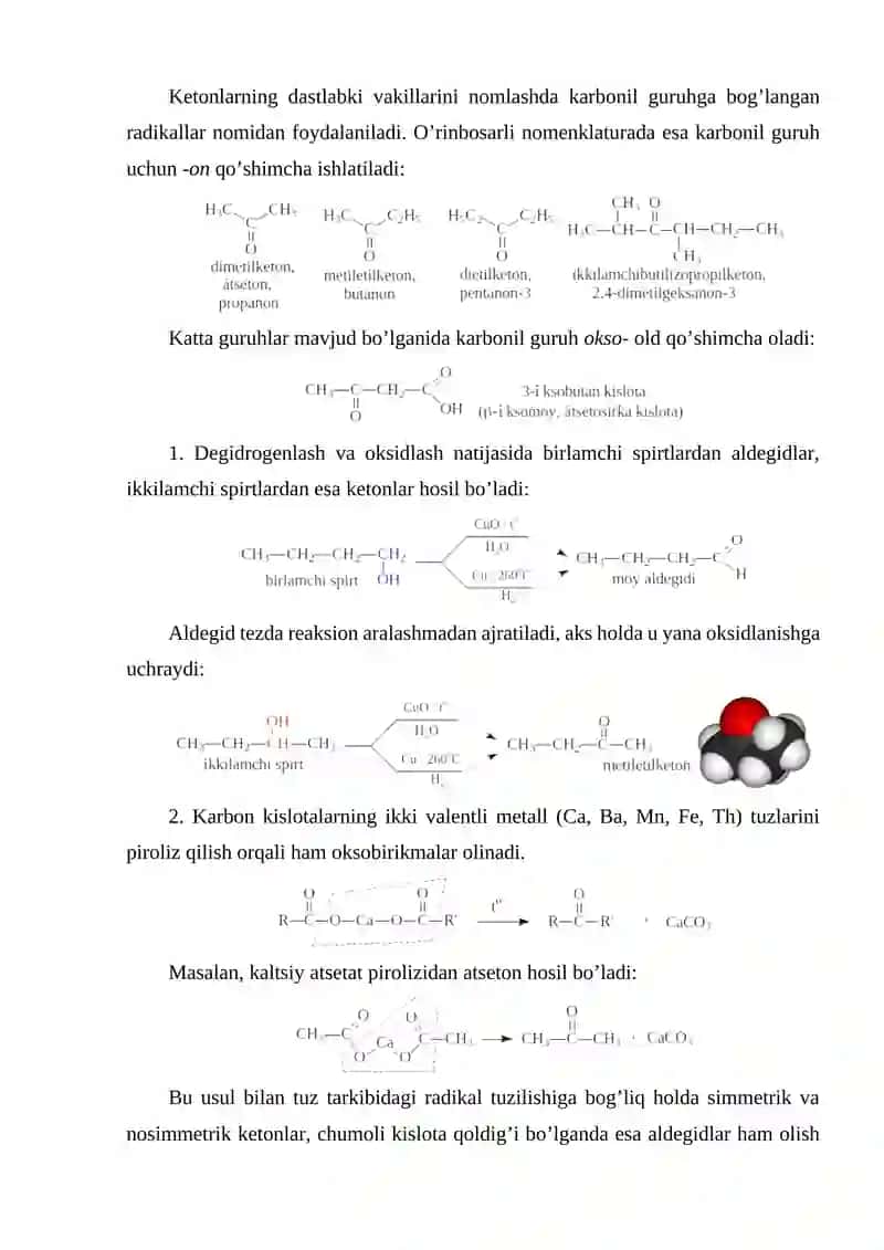 Ketonlarning gomolog qatori, izomeriyasi, olinishi, fizik – kimyoviy xossalari 3