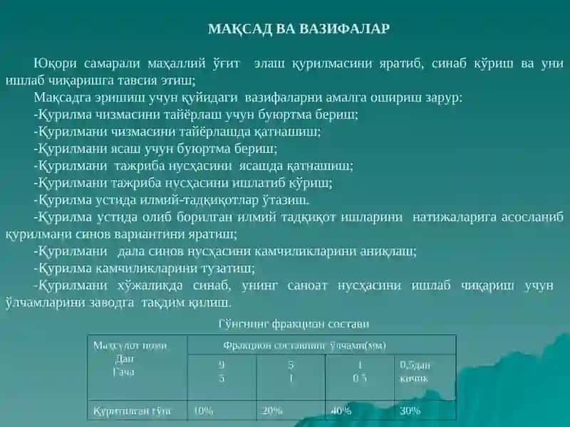 Маҳаллийўғитэлаш қурилмасинингконструктив ва технологикўлчамларинитадқиқ этиш 3
