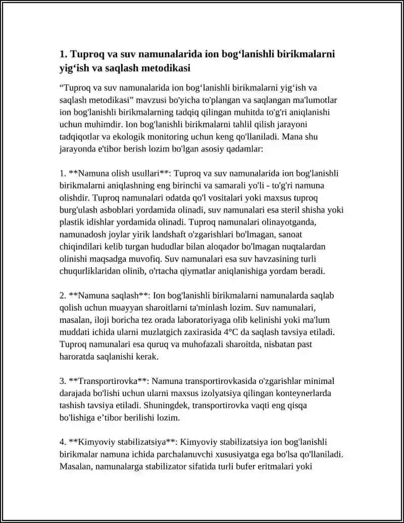 TUPROQ VA SUVNING IFLOSLANISHDA ION BOGʻLANISHLI BIRIKMALAR ANIQLAB,ULARDAN TOZALASH USULINI ISHLAB CHIQISH 3
